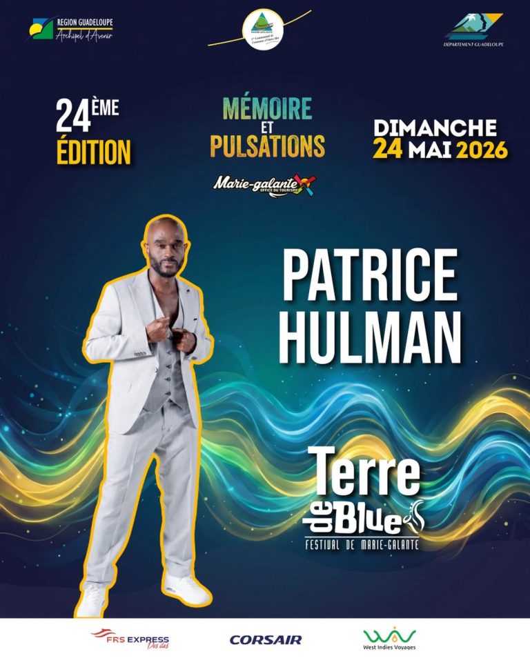 Affiche Terre de Blues 2026 avec Patrice Hulman en concert le 24 mai à Marie-Galante en Guadeloupe, 24ème édition thème mémoire et pulsations.