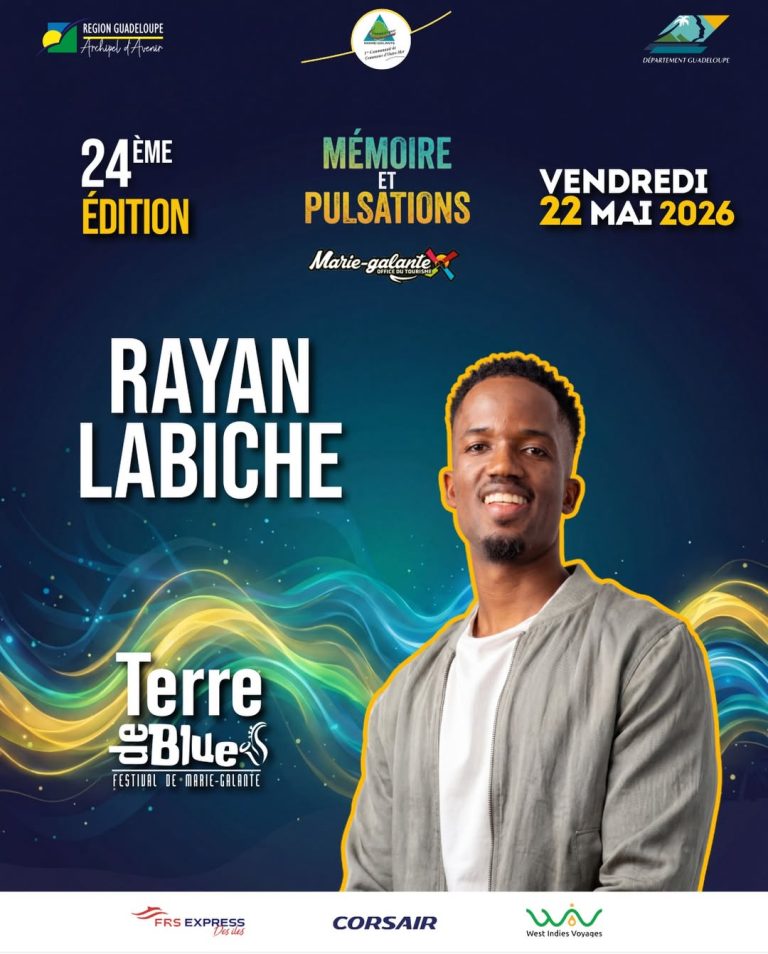 Texte alternatif Affiche Terre de Blues 2026 avec Rayan Labiche en concert le 22 mai à Marie-Galante en Guadeloupe, 24ème édition sur le thème mémoire et pulsations.