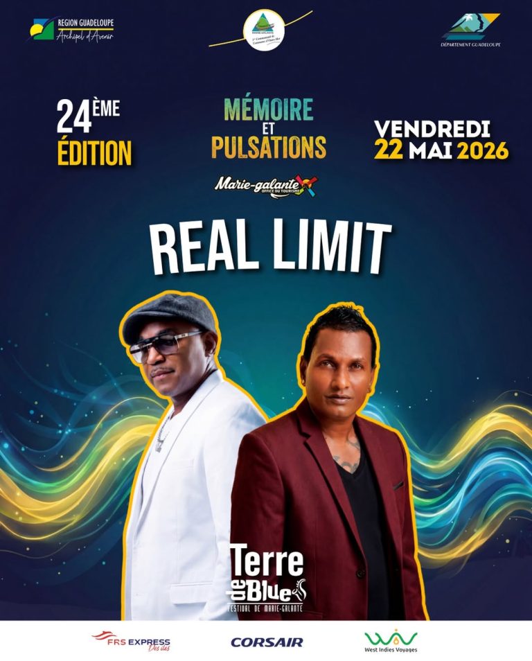 Affiche Terre de Blues 2026 avec le groupe Real Limit en concert le 22 mai à Marie-Galante en Guadeloupe, 24ème édition thème mémoire et pulsations.
