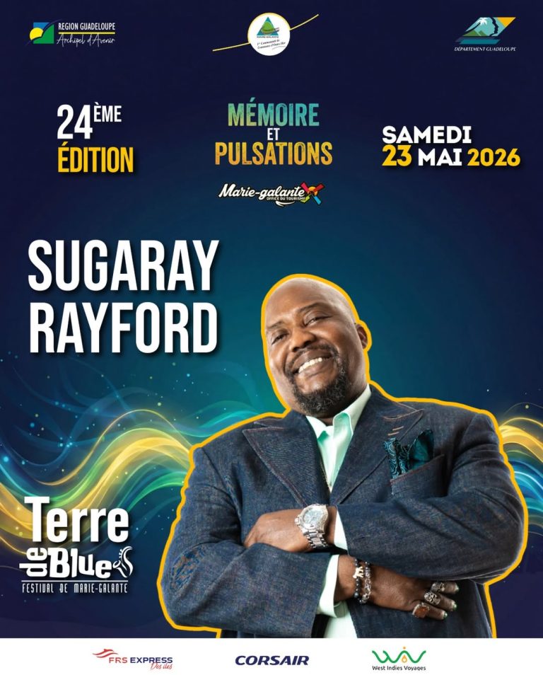 Affiche Terre de Blues 2026 avec Sugaray Rayford en concert le 23 mai à Marie-Galante en Guadeloupe, 24ème édition thème mémoire et pulsations.