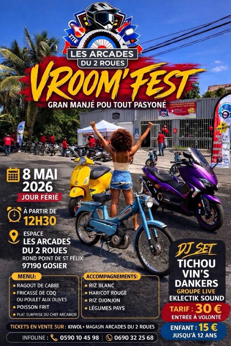 Vroom Fest le 8 mai 2026 aux Arcades du 2 Roues au Gosier dès 12h30 avec DJ set, groupe live, repas créole et animations autour des deux roues.