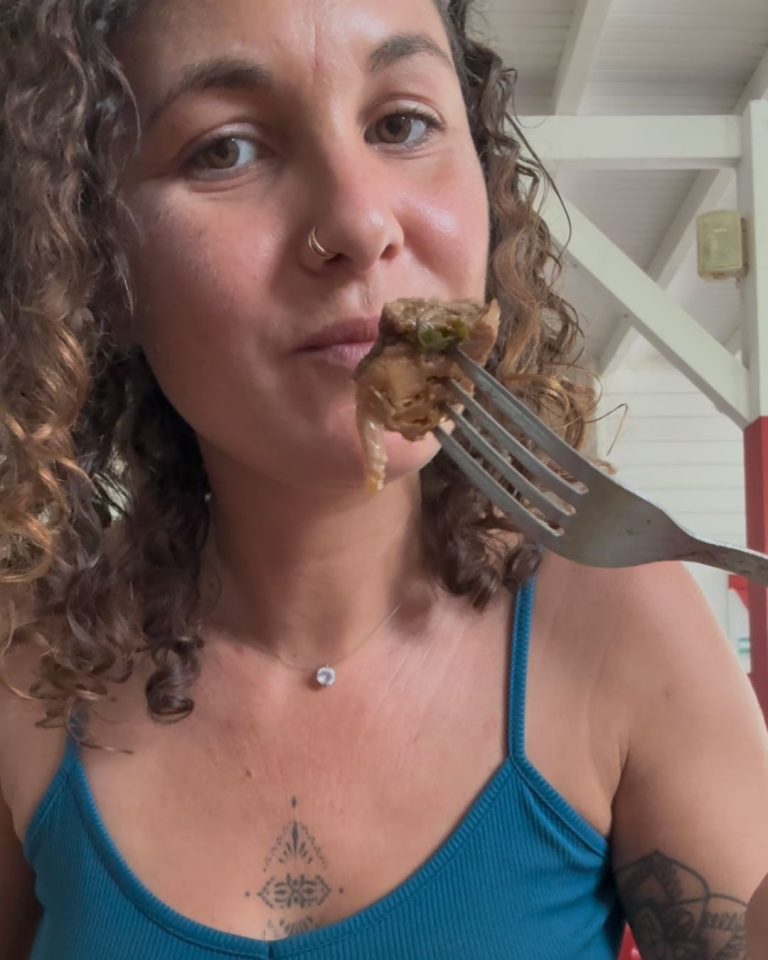 Ambre TAC dégustant un plat créole au restaurant Chez Johan à Pointe-à-Pitre en Guadeloupe, adresse populaire connue pour sa cuisine locale généreuse.