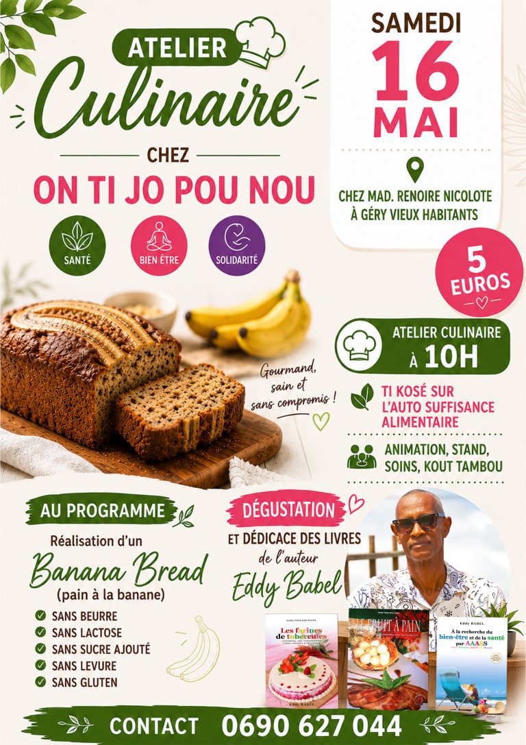 Atelier culinaire autour du banana bread avec Eddy Babel le 16 mai 2026 à Vieux-Habitants en Guadeloupe avec dégustation et échanges autour de l’autosuffisance alimentaire.