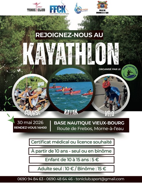 Kayathlon le 30 mai 2026 à la base nautique de Vieux-Bourg à Morne-à-l’Eau, course combinant course à pied, kayak et vélo, accessible dès 10 ans en Guadeloupe