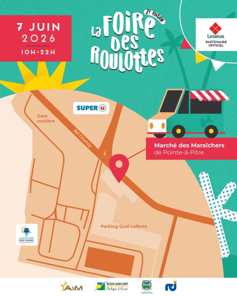 Plan d’accès de La Foire des Roulottes 2026 au Marché des Maraîchers de Pointe-à-Pitre en Guadeloupe avec localisation, parking Quai Lefèvre et gare routière pour le 7 juin 2026.