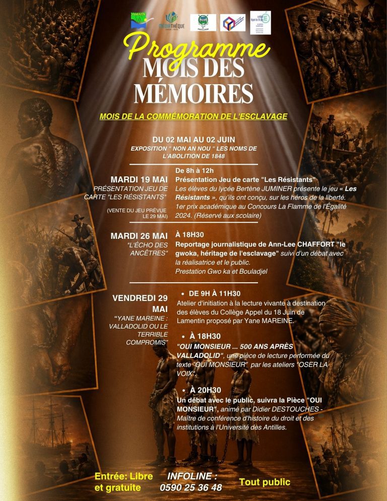 Programme du Mois des Mémoires du 2 mai au 2 juin 2026 en Guadeloupe, avec expositions, conférences, ateliers et événements autour de la commémoration de l’esclavage, entrée libre.