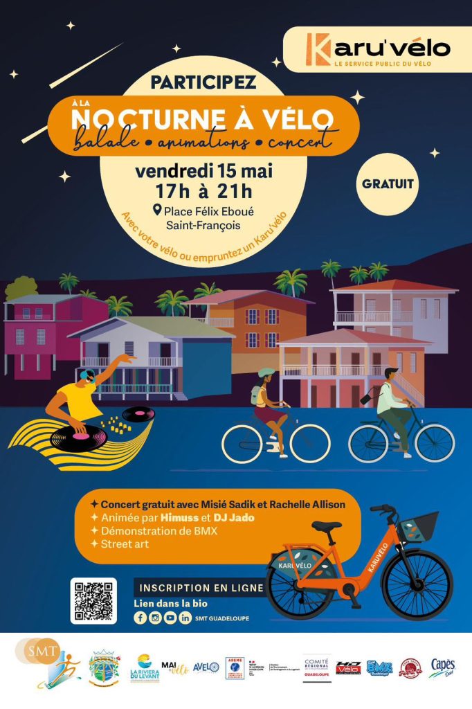 Nocturne à Vélo avec balade, concert de Misié Sadik et Rachelle Allison, BMX et animations le 15 mai 2026 à Saint-François en Guadeloupe.