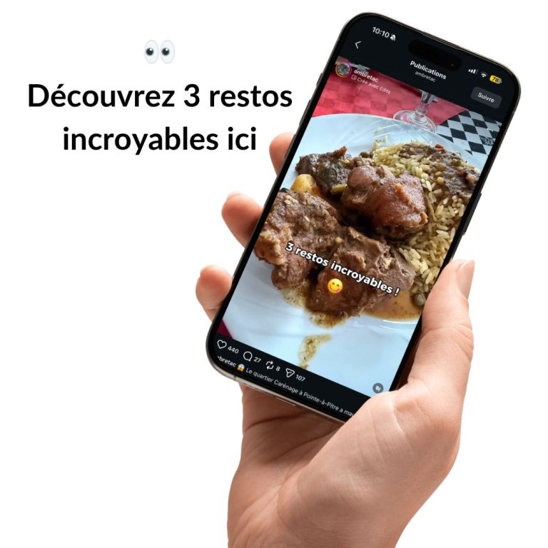 Aperçu d’un reel Instagram mettant en avant trois restaurants à découvrir à Pointe-à-Pitre en Guadeloupe.
