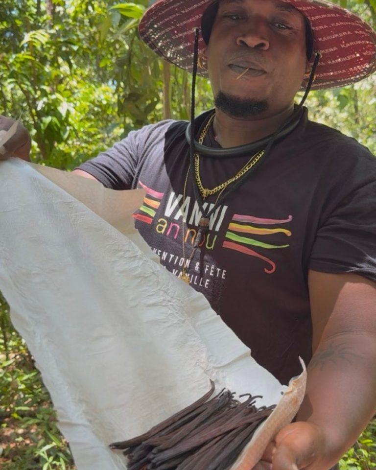 Didreau présente des gousses de vanille transformées au cœur de la Vanilleraie Wild Forest en Guadeloupe lors d’une visite immersive.