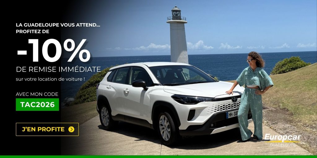 Agence EuropCar Guadeloupe proposant la location de voiture en Guadeloupe avec une remise supplémentaire de 10 % grâce au code TAC2026.