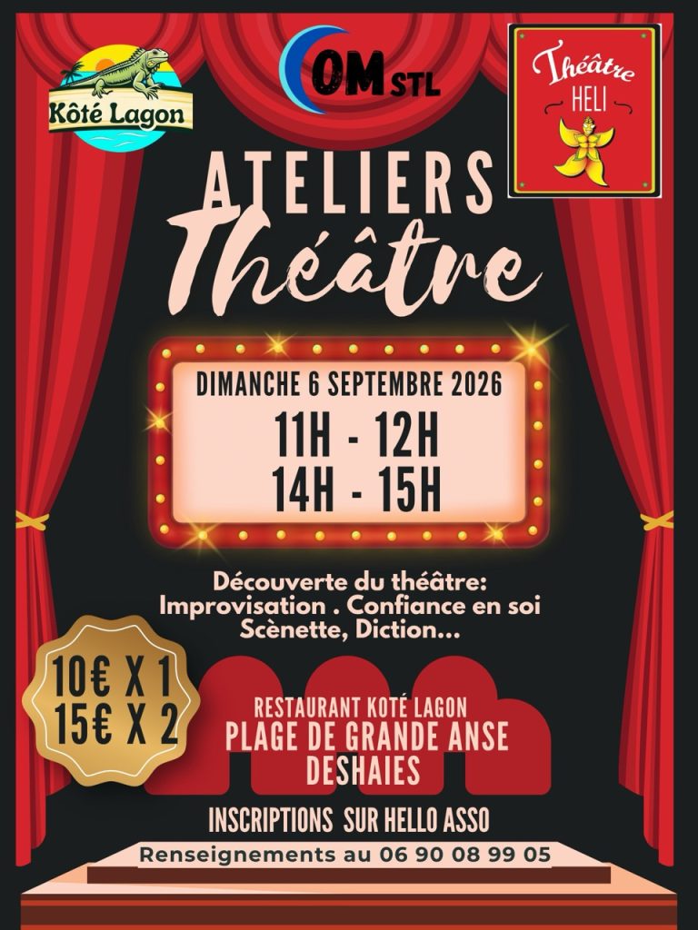 Atelier découverte du théâtre à Deshaies avec improvisation, scénettes, diction et exercices de confiance en soi.