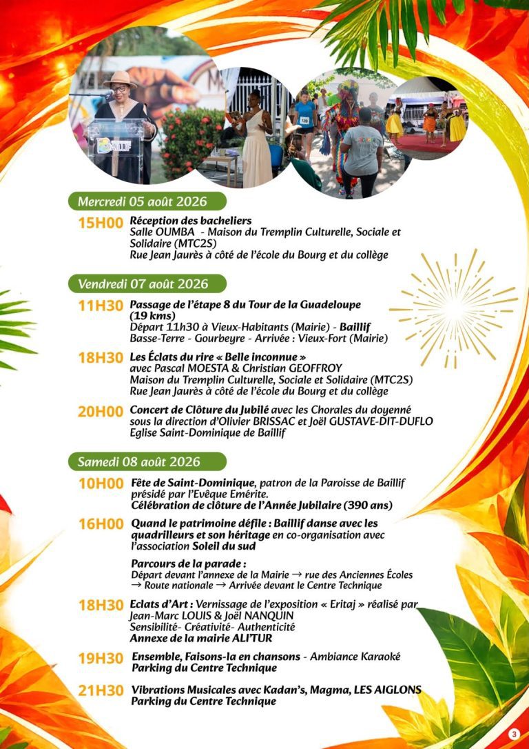 Fête Patronale de Baillif en Guadeloupe, du 5 au 9 août 2026, avec le programme des animations culturelles et festives.