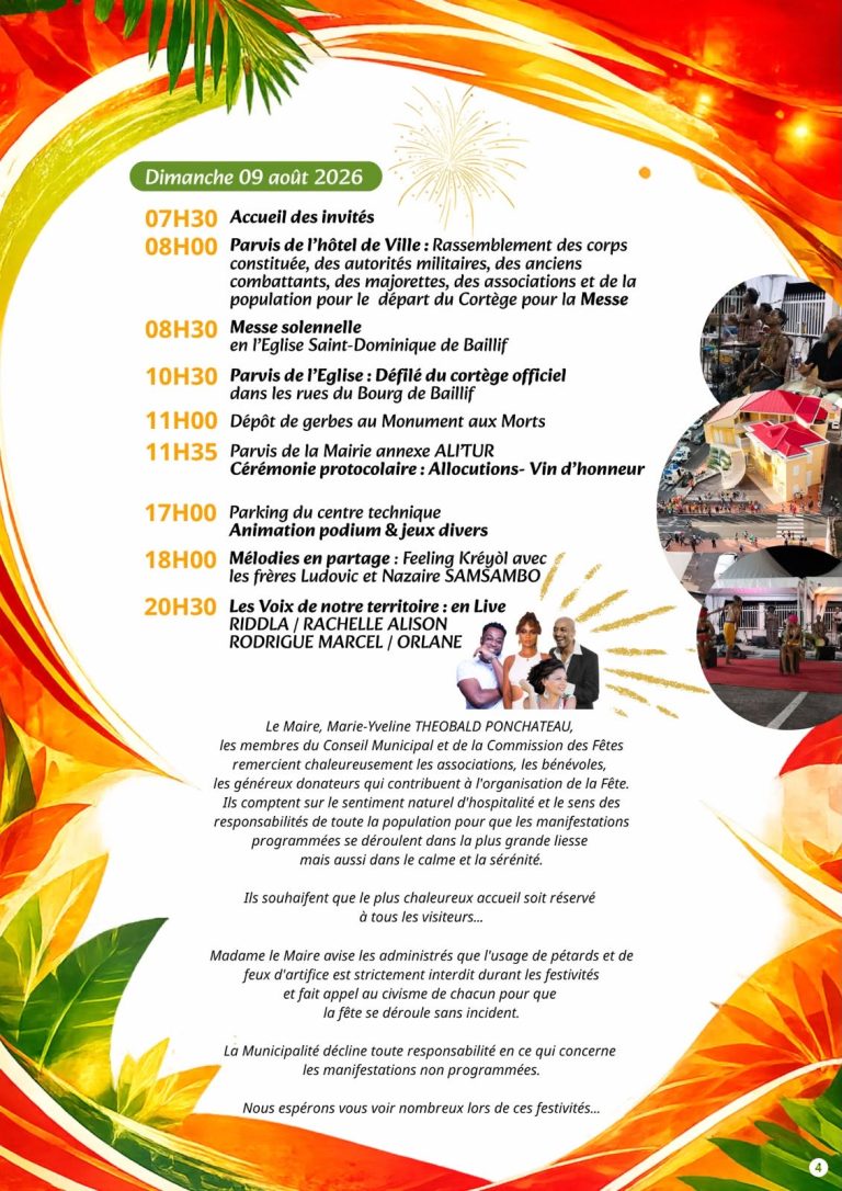 Fête Patronale de Baillif en Guadeloupe, du 5 au 9 août 2026, avec le programme des animations culturelles et festives.