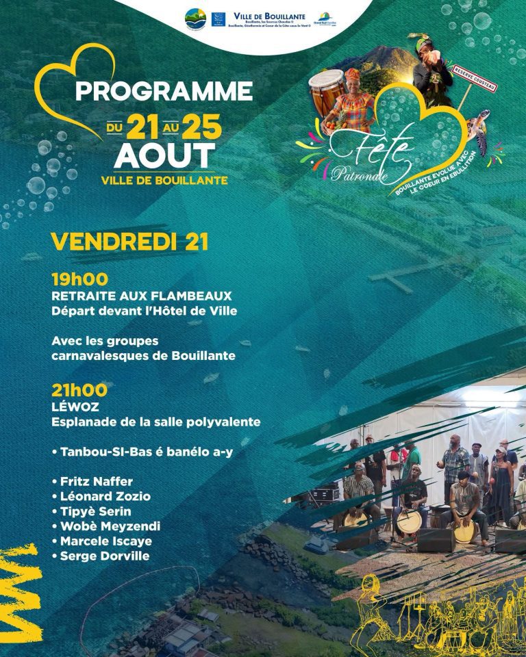 Fête patronale de Bouillante en Guadeloupe du 21 au 25 août 2026, cinq jours de festivités, animations et rendez-vous culturels.