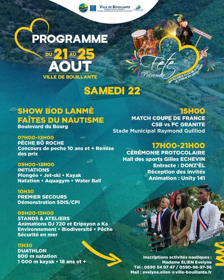 Fête patronale de Bouillante en Guadeloupe du 21 au 25 août 2026, cinq jours de festivités, animations et rendez-vous culturels.