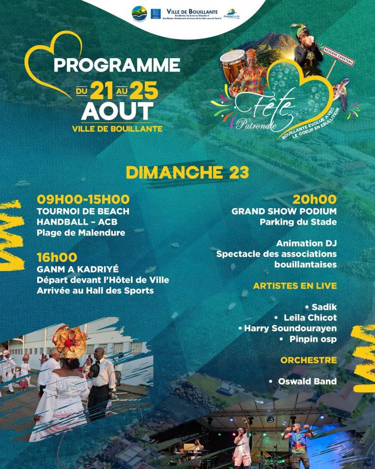Fête patronale de Bouillante en Guadeloupe du 21 au 25 août 2026, cinq jours de festivités, animations et rendez-vous culturels.