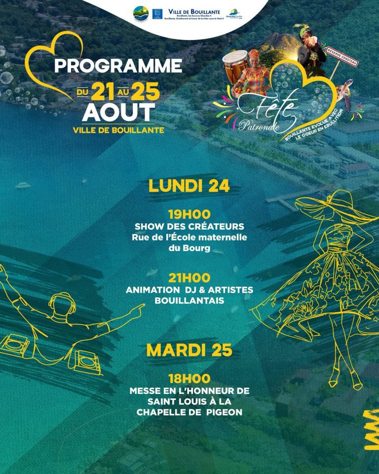 Fête patronale de Bouillante en Guadeloupe du 21 au 25 août 2026, cinq jours de festivités, animations et rendez-vous culturels.
