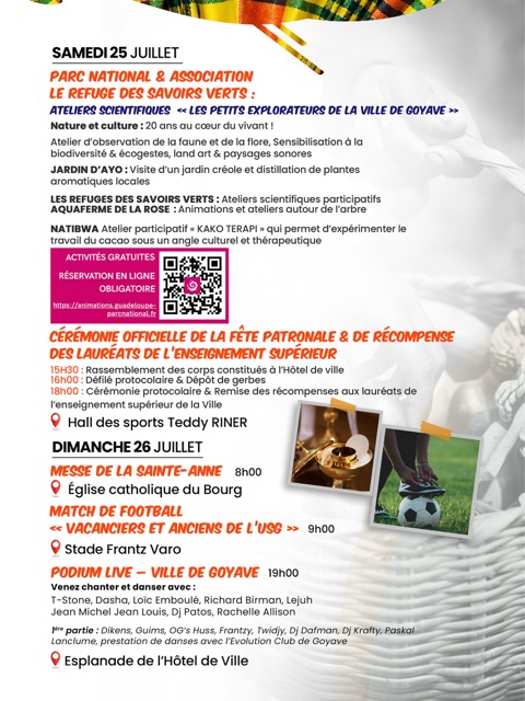 Fête Patronale de Goyave 2026 « Nanm é Ganm », du 2 juillet au 30 août 2026, célébrant les traditions, la culture, le sport et la transmission intergénérationnelle.
