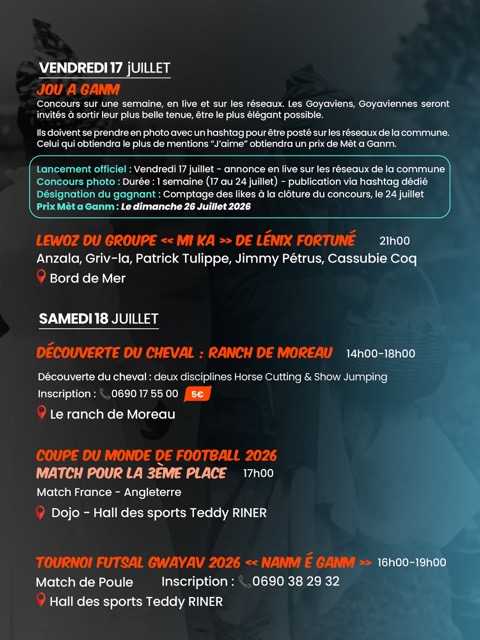 Fête Patronale de Goyave 2026 « Nanm é Ganm », du 2 juillet au 30 août 2026, célébrant les traditions, la culture, le sport et la transmission intergénérationnelle.
