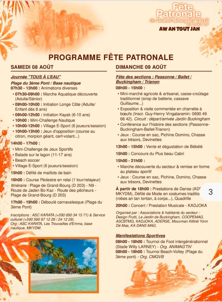 Fête patronale de Grand-Bourg en Guadeloupe du 8 au 16 août 2026, festivités autour de la créativité, du partage, des rencontres et de l’identité locale.