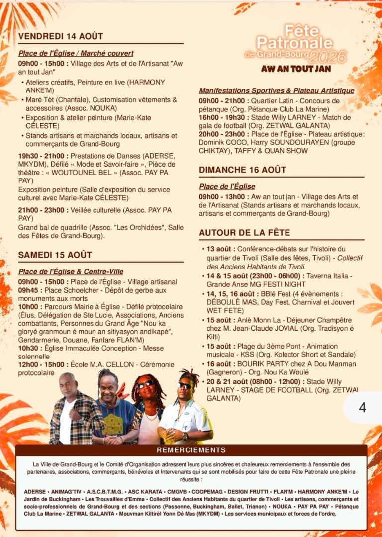 Fête patronale de Grand-Bourg en Guadeloupe du 8 au 16 août 2026, festivités autour de la créativité, du partage, des rencontres et de l’identité locale.