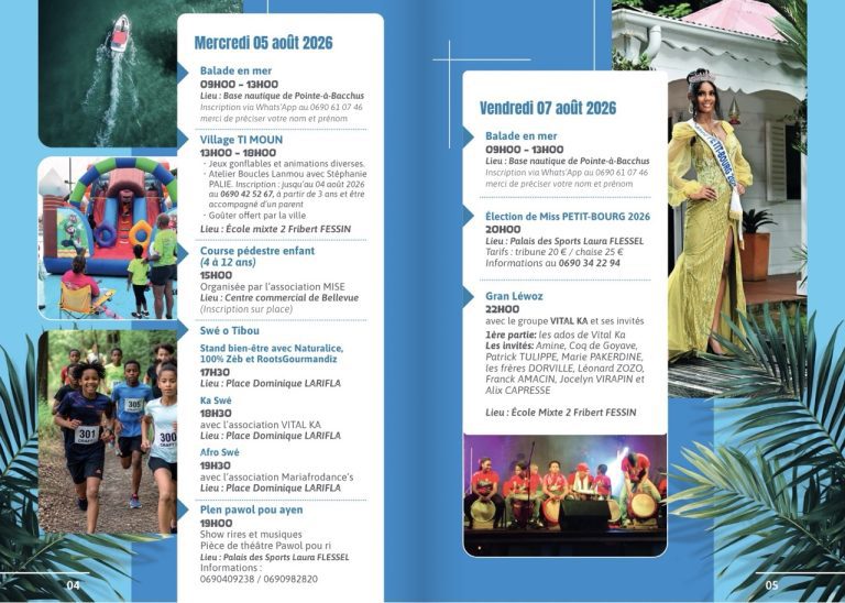Fête Patronale de Petit-Bourg 2026, du 5 au 16 août 2026, mettant à l’honneur la biodiversité et le patrimoine naturel de la commune.
