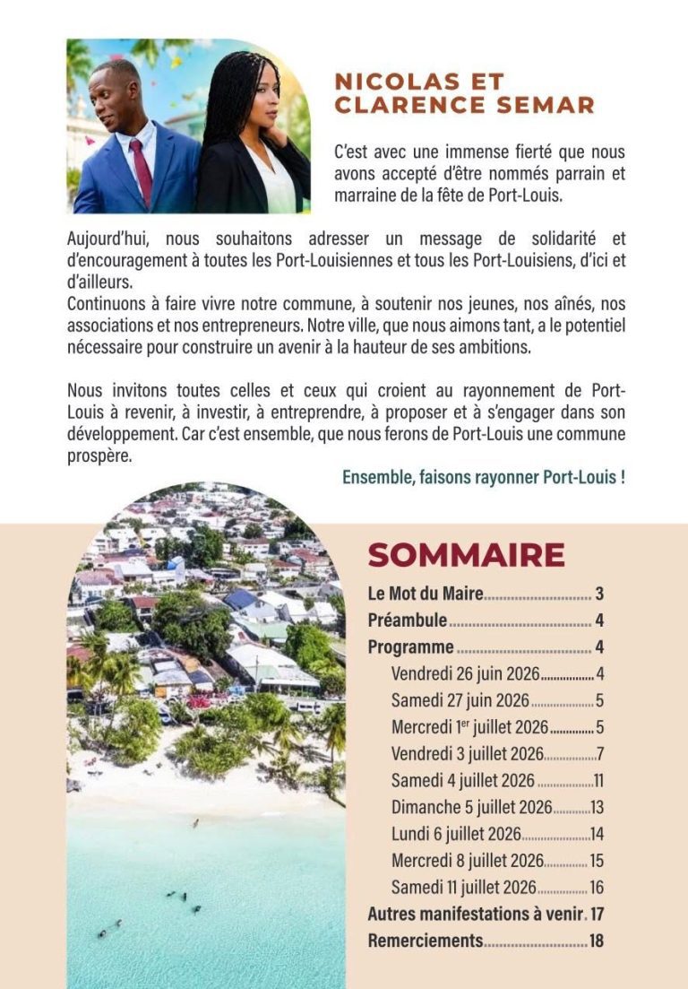 Fête Patronale de Port-Louis en Guadeloupe, du 26 juin au 8 juillet 2026, sur le thème « Jeunesse ambitieuse, rêve sans limite ».