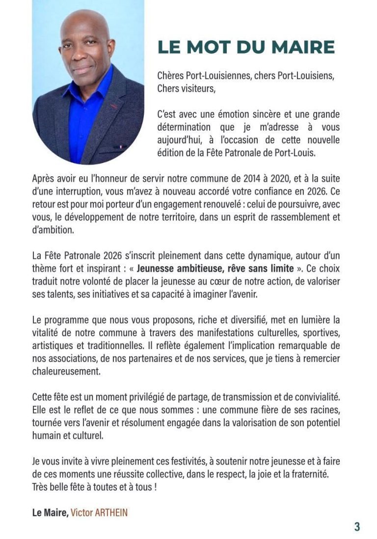 Fête Patronale de Port-Louis en Guadeloupe, du 26 juin au 8 juillet 2026, sur le thème « Jeunesse ambitieuse, rêve sans limite ».
