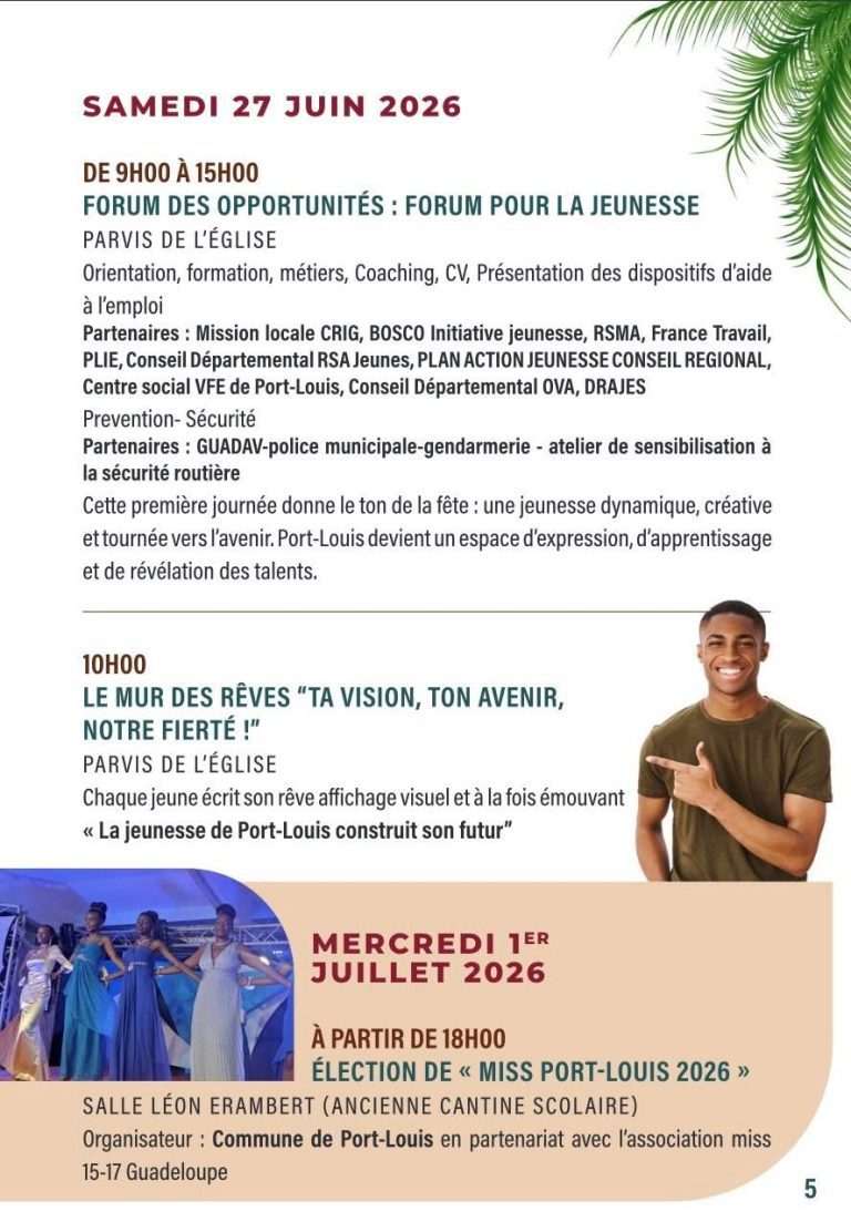 Fête Patronale de Port-Louis en Guadeloupe, du 26 juin au 8 juillet 2026, sur le thème « Jeunesse ambitieuse, rêve sans limite ».