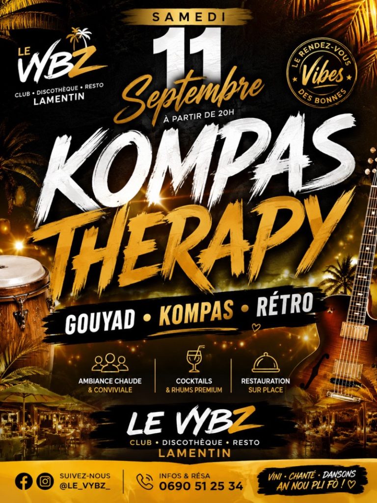 Kompas Therapy le 11 septembre 2026 au Vybz au Lamentin en Guadeloupe, soirée musicale autour du gouyad, du kompa et des sons rétro.