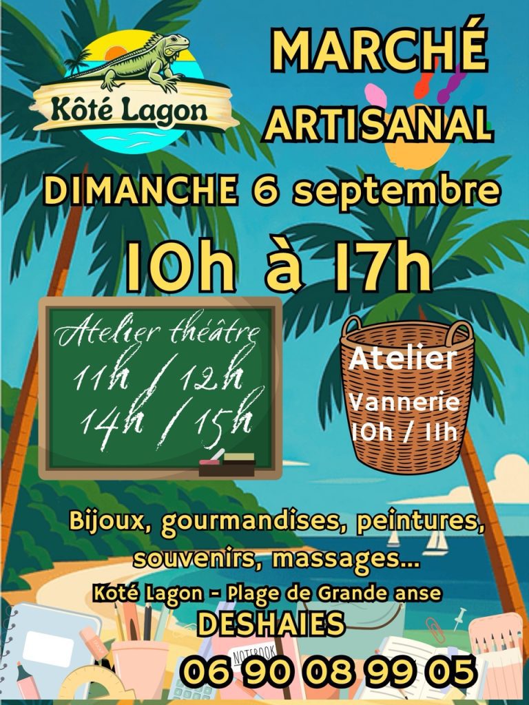 Marché artisanal local à Deshaies avec créateurs, gourmandises, peintures, massages et ateliers de théâtre, vannerie et plantes médicinales.