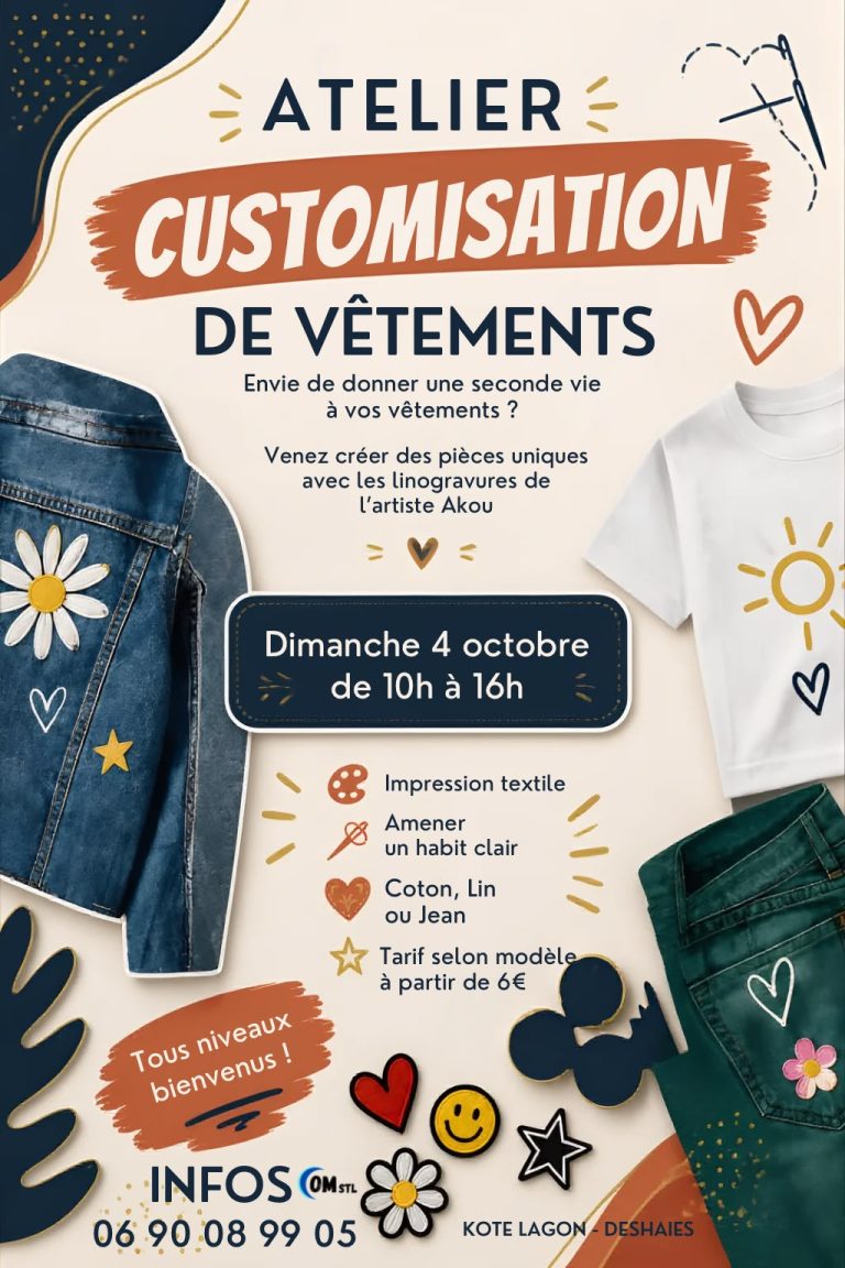 Atelier customisation de vêtements le 4 octobre 2026 chez Kôté Lagon à Deshaies, Guadeloupe, pour personnaliser ses vêtements grâce aux linogravures de l’artiste Akou.