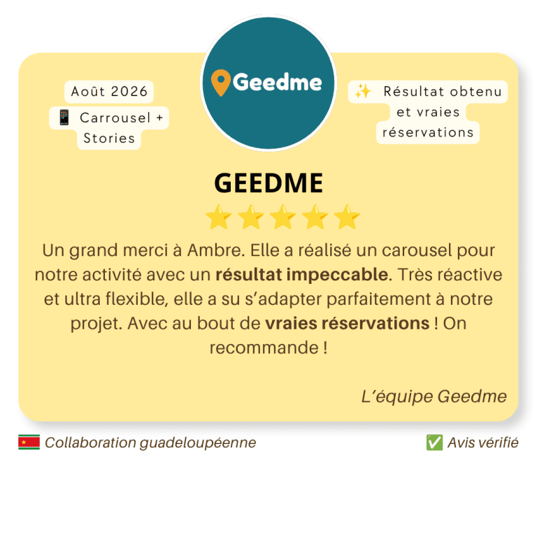Avis client de Geedme après une collaboration avec le Média TAC pour un carrousel Instagram et des Stories en août 2026.