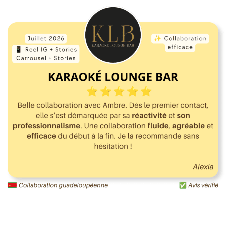 Avis client de KLB après une collaboration avec le Média TAC pour un Reel Instagram, un carrousel et des Stories en juillet 2026.