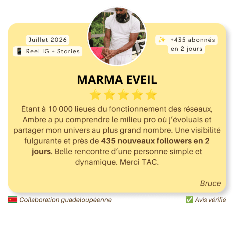 Avis client de Marma Éveil après une collaboration avec le Média TAC pour un Reel Instagram et des Stories en juillet 2026.