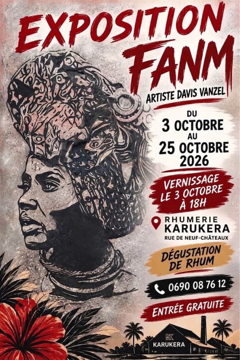 Exposition Fanm de l’artiste Davis Vanzel du 3 au 25 octobre 2026 à la Rhumerie Karukera, Capesterre-Belle-Eau, Guadeloupe, avec vernissage et dégustation de rhum.