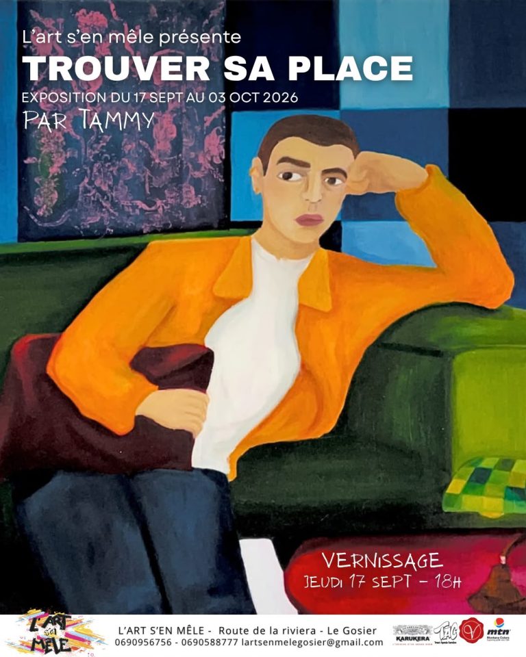 Exposition Trouver sa place de l’artiste Tammy du 17 septembre au 3 octobre 2026 à L’Art s’en Mêle au Gosier, Guadeloupe, autour de personnages, couleurs et émotions explorant l’inconfort et l’apaisement.