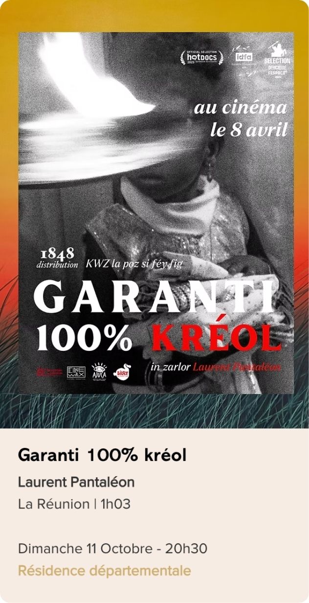 Affiche du film Garanti 100 % kréol réalisé par Laurent Pantaléon, présenté dans la sélection longs métrages du Festival Monde en Vues 2026 – 13e édition en Guadeloupe.