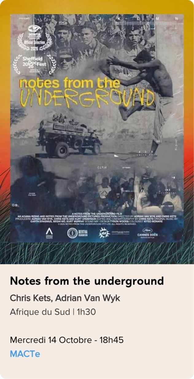 Affiche du film Notes from the Underground réalisé par Chris Kets et Adrian Van Wyk, présenté dans la sélection longs métrages du Festival Monde en Vues 2026 – 13e édition en Guadeloupe.
