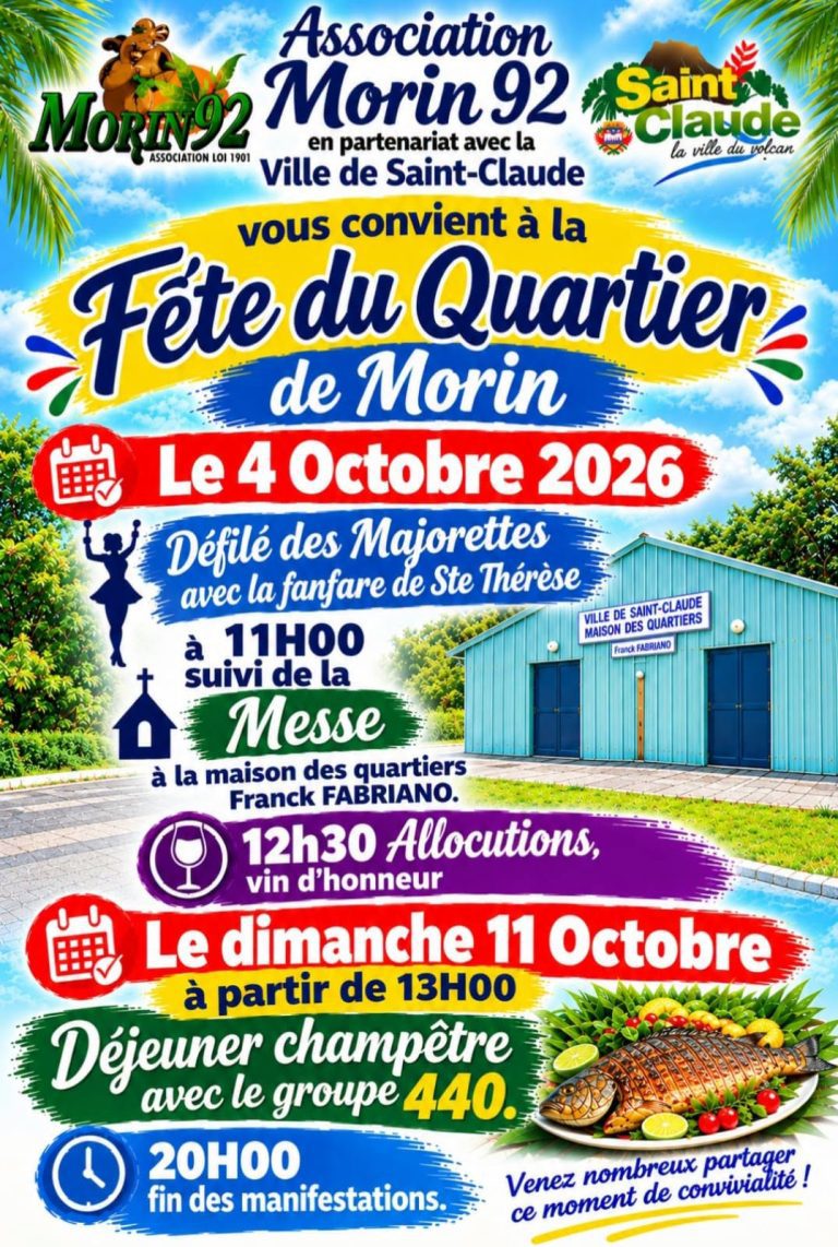 Fête du quartier de Morin les 4 et 11 octobre 2026 à Saint-Claude, Guadeloupe, avec défilé de majorettes, messe, vin d’honneur et déjeuner champêtre animé par le groupe 440.