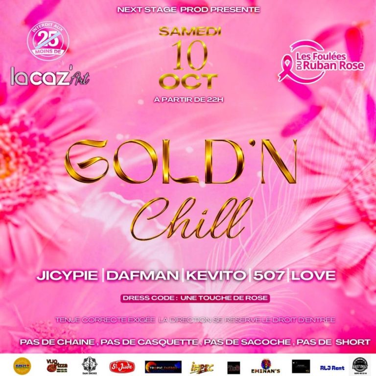 Gold’N Chill édition Octobre Rose le 10 octobre 2026 à La Caz’Art en Guadeloupe, after officiel des Foulées du Ruban Rose avec Jicypie, Dafman, Kevito, 507 et Love.