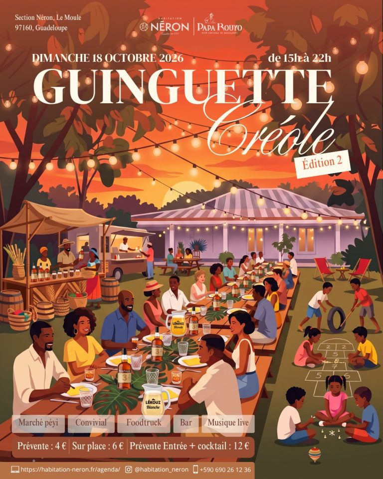 Guinguette Créole et Mawché Péyi le 18 octobre 2026 à l’Habitation Néron au Moule, Guadeloupe, avec producteurs et artisans locaux, food trucks, bar, musique live et espace enfants.