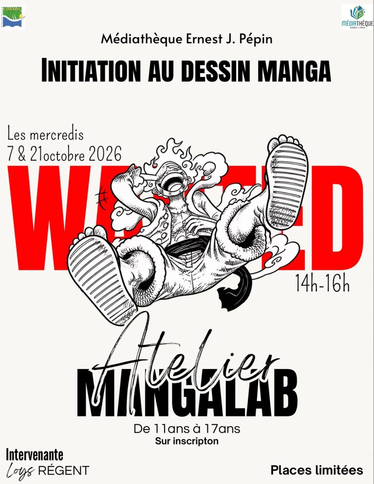 Initiation au dessin manga les 7 et 21 octobre 2026 à la Médiathèque Ernest J. Pépin au Lamentin, Guadeloupe, atelier Manga Lab pour les jeunes de 11 à 17 ans avec Loys Régent.