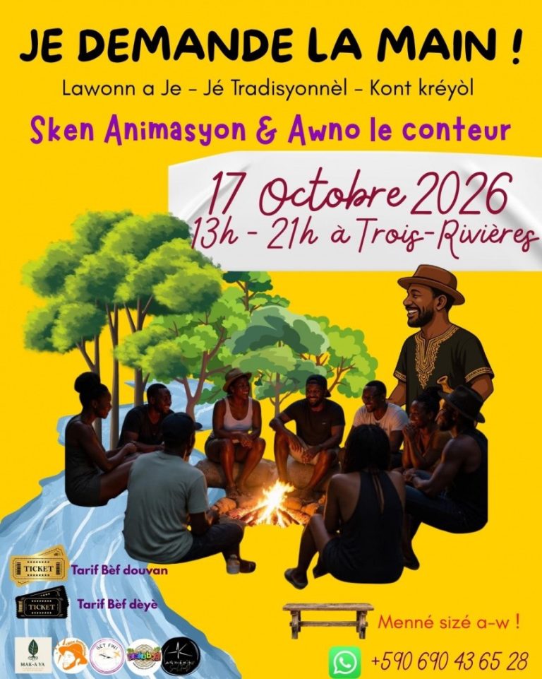 Je Demande La Main, 3e édition, le 17 octobre 2026 à Trois-Rivières, Guadeloupe, une journée autour des jeux traditionnels et contemporains, de l’oralité et des contes créoles avec Sken Animasyon et Awno le conteur.