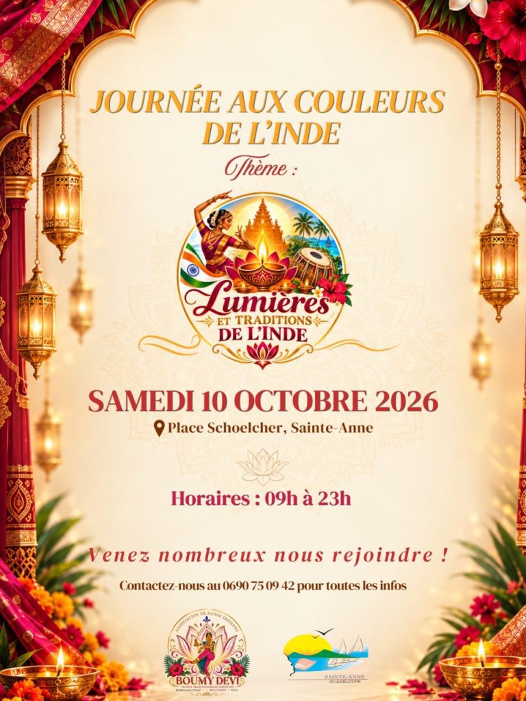 Journée aux couleurs de l’Inde le 10 octobre 2026 sur la place Schoelcher à Sainte-Anne, Guadeloupe, journée de métissage culturel autour des lumières et traditions de l’Inde.