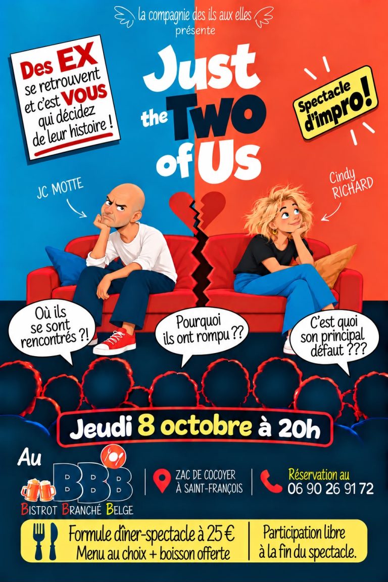 Just the Two of Us le 8 octobre 2026 au BBB à Saint-François, Guadeloupe, spectacle de théâtre d’improvisation avec Cindy Richard et JC Motte autour de deux ex dont le public décide de l’histoire.