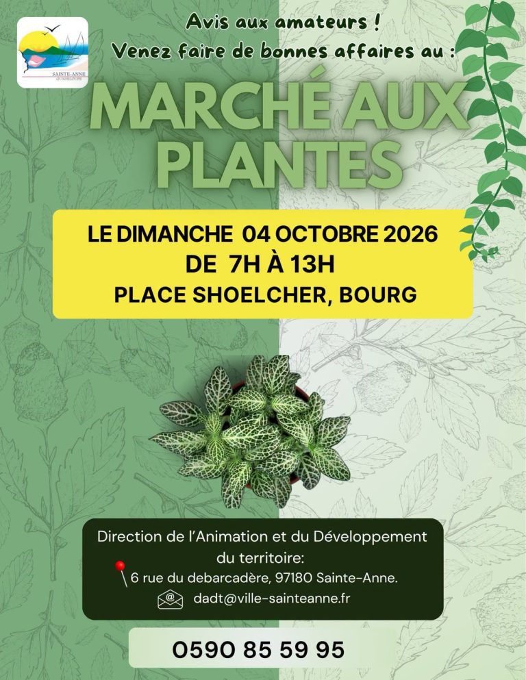 Marché aux Plantes le 4 octobre 2026 sur la place Schoelcher à Sainte-Anne, Guadeloupe, une matinée dédiée aux plantes, aux passionnés de jardinage et aux bonnes affaires.