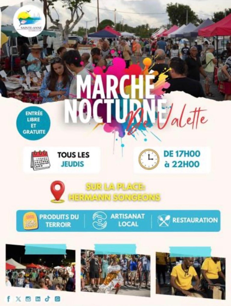 Marché nocturne de Valette tous les jeudis sur la place Hermann Songeons à Sainte-Anne, Guadeloupe, avec produits du terroir, artisanat local et restauration.