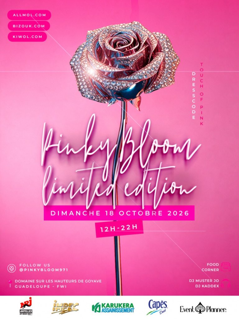 Pinky Bloom Limited Edition le 18 octobre 2026 à House of Harmony à Goyave, Guadeloupe, journée festive avec piscine, jardin et DJ sets de Mister Jo et Kaddex.