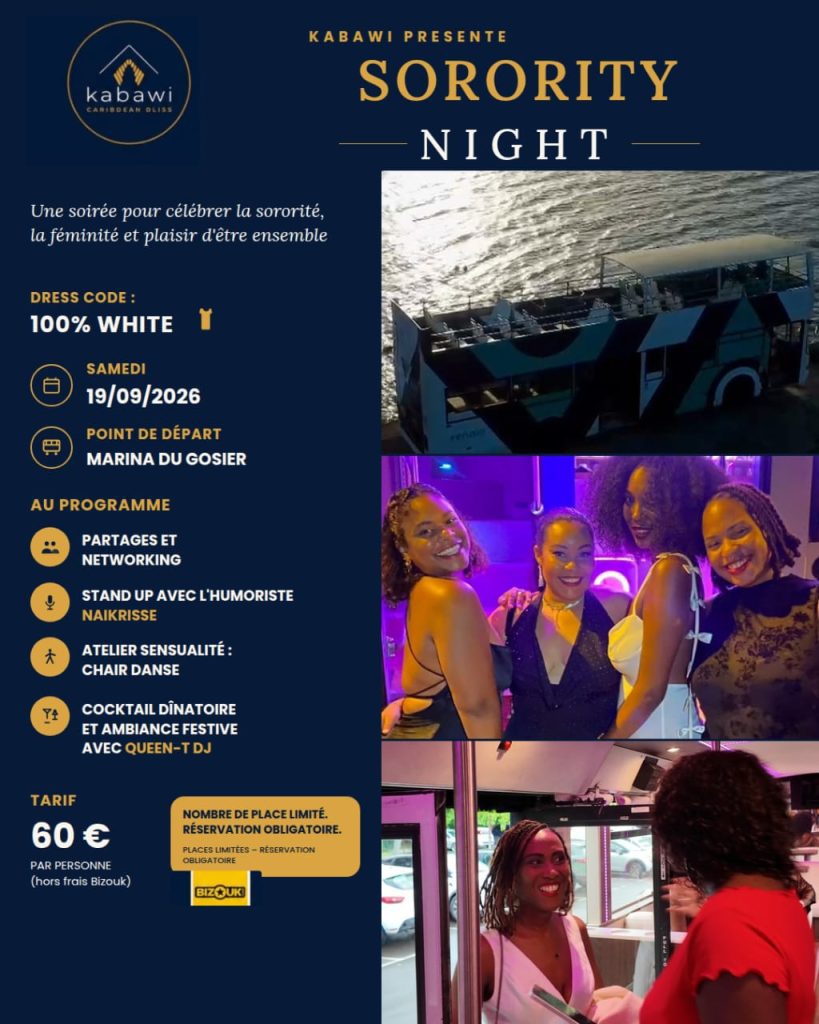 Sorority Night le 19 septembre 2026 au départ de la Marina du Gosier, Guadeloupe, soirée entre femmes à bord du bus impérial Venaïa avec stand-up, chair dance, cocktail dînatoire et DJ.